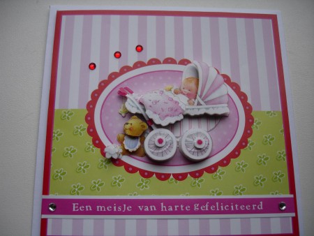 Geboortekaartje kindje in wandelwagen met tekst